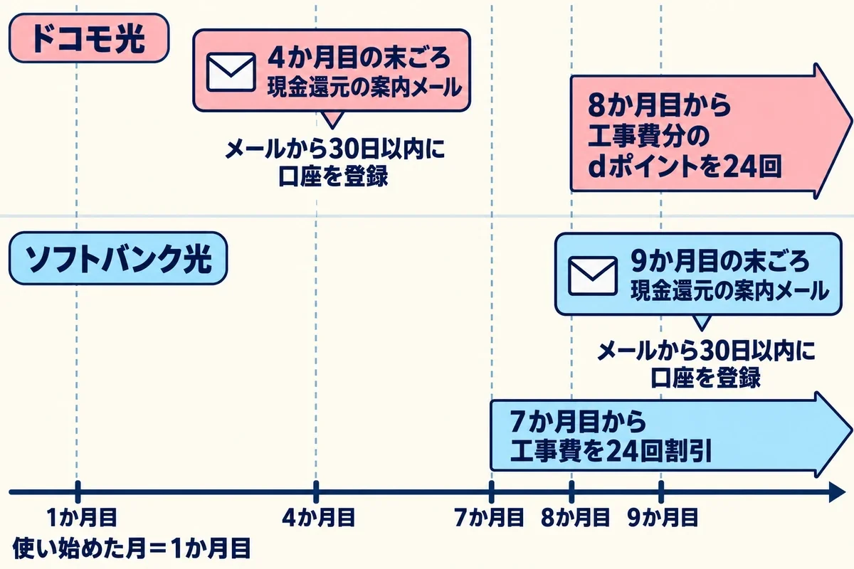 ドコモ光とソフトバンク光で、現金還元の案内メールが届く時期(ドコモ光は4か月目の末ごろ、ソフトバンク光は9か月目の末ごろ)と、工事費の実質無料分が始まる時期(ドコモ光は8か月目からdポイント、ソフトバンク光は7か月目から割引)を並べたタイムライン