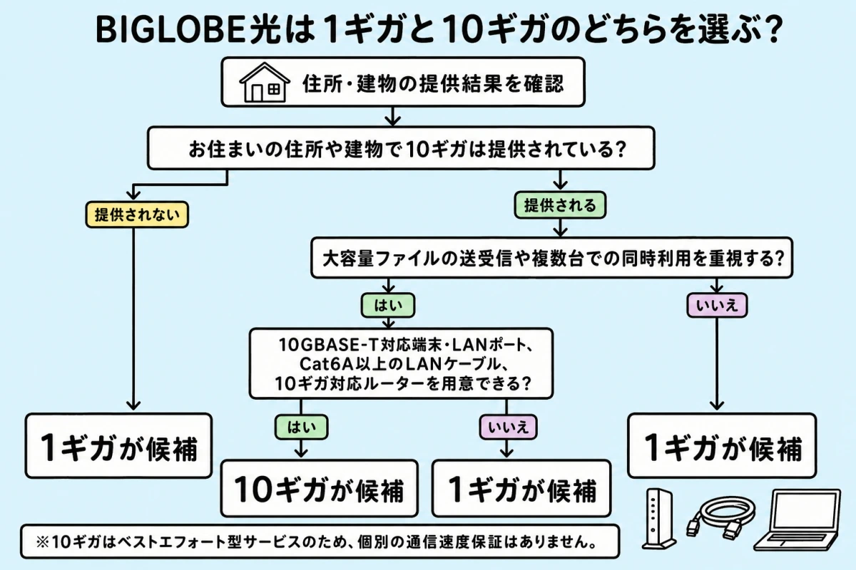 住所・建物の提供結果と用途・対応機器から、BIGLOBE光の1ギガまたは10ギガを選ぶ分岐図