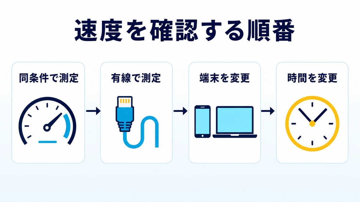 NURO光の速度を同じ条件・有線・別端末・別時間で確認する順番を整理した図