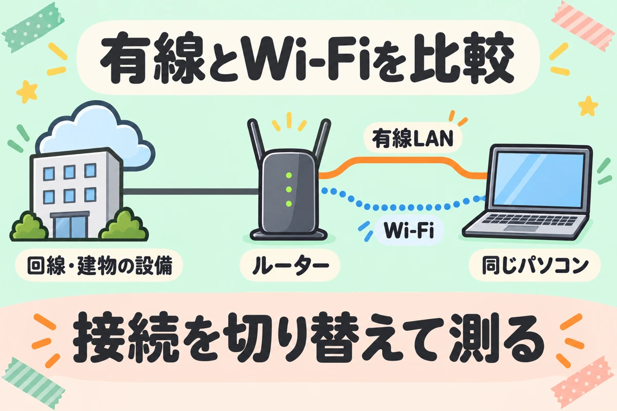 同じ回線とルーターを使い、同じパソコンの接続を有線LANとWi-Fiに切り替えて比較する図。